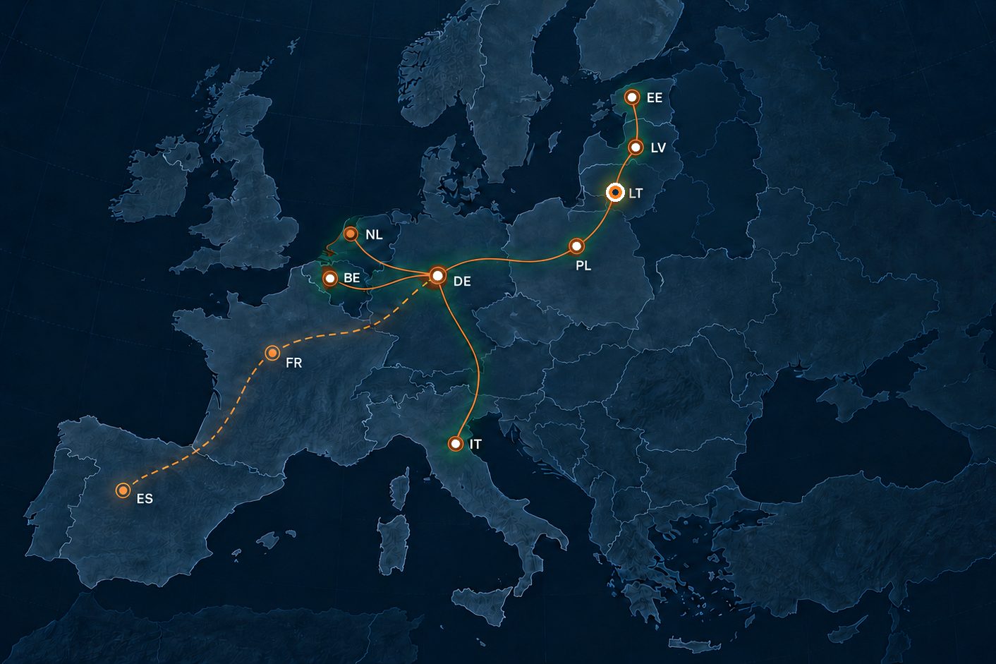 Map of Europe showing the main Erabalta routes