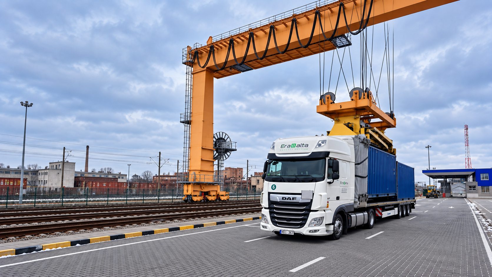 Container loaded by a gantry crane at a terminal