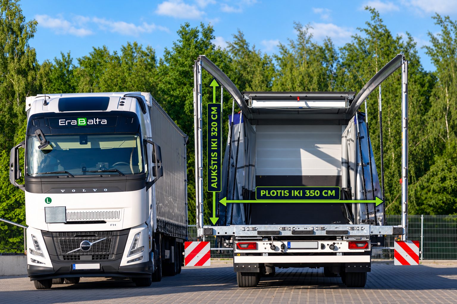 Extended Mega trailer marked with up to 320 cm height and up to 350 cm width next to an Erabalta truck