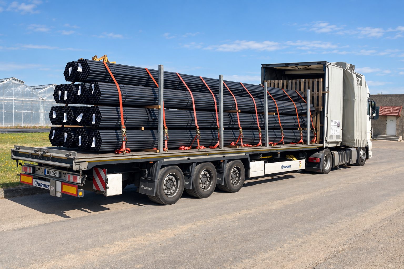 Flatbed with steel stanchions loaded with pipes