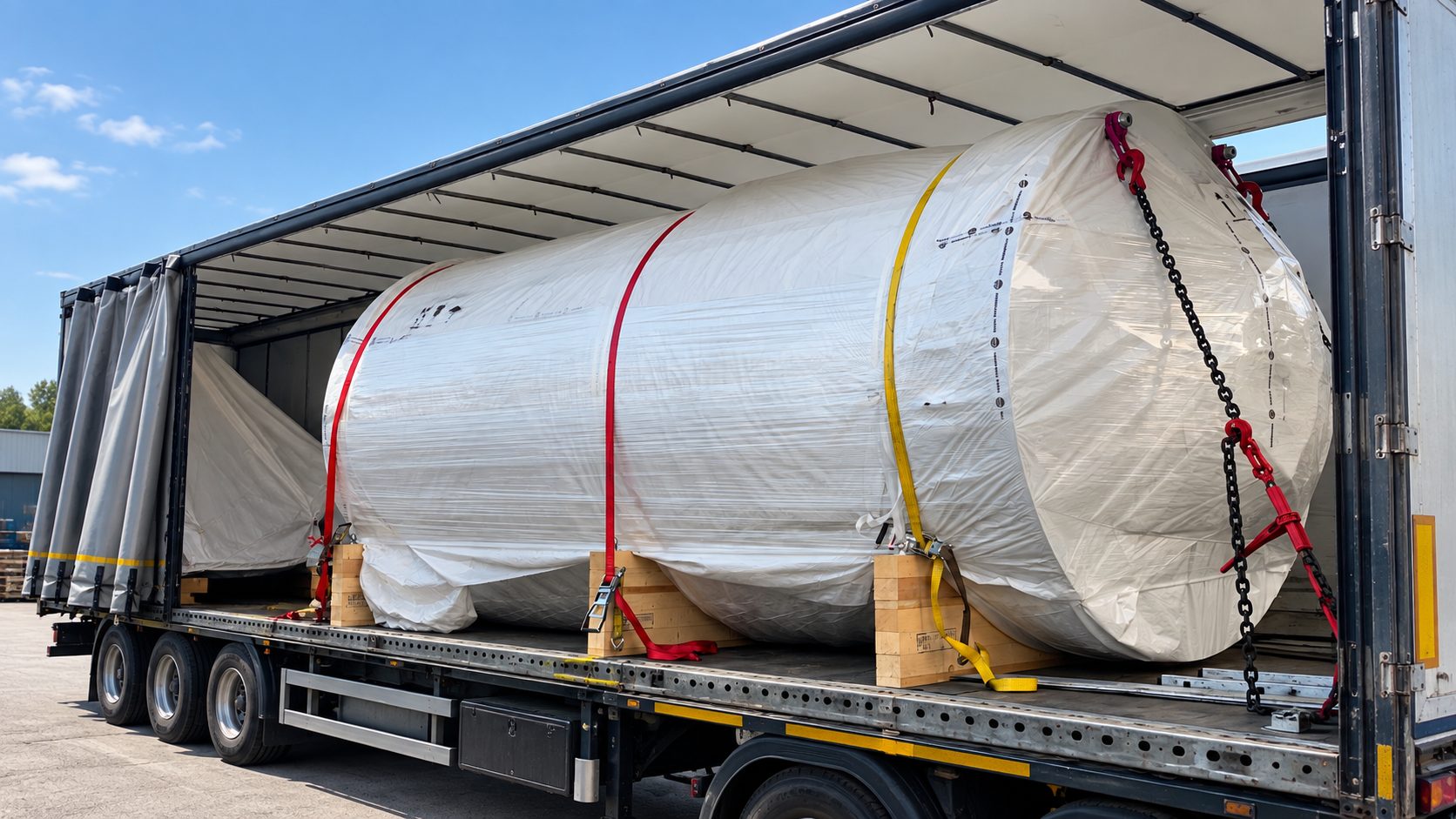 Large tank in a Mega trailer with the curtains drawn back