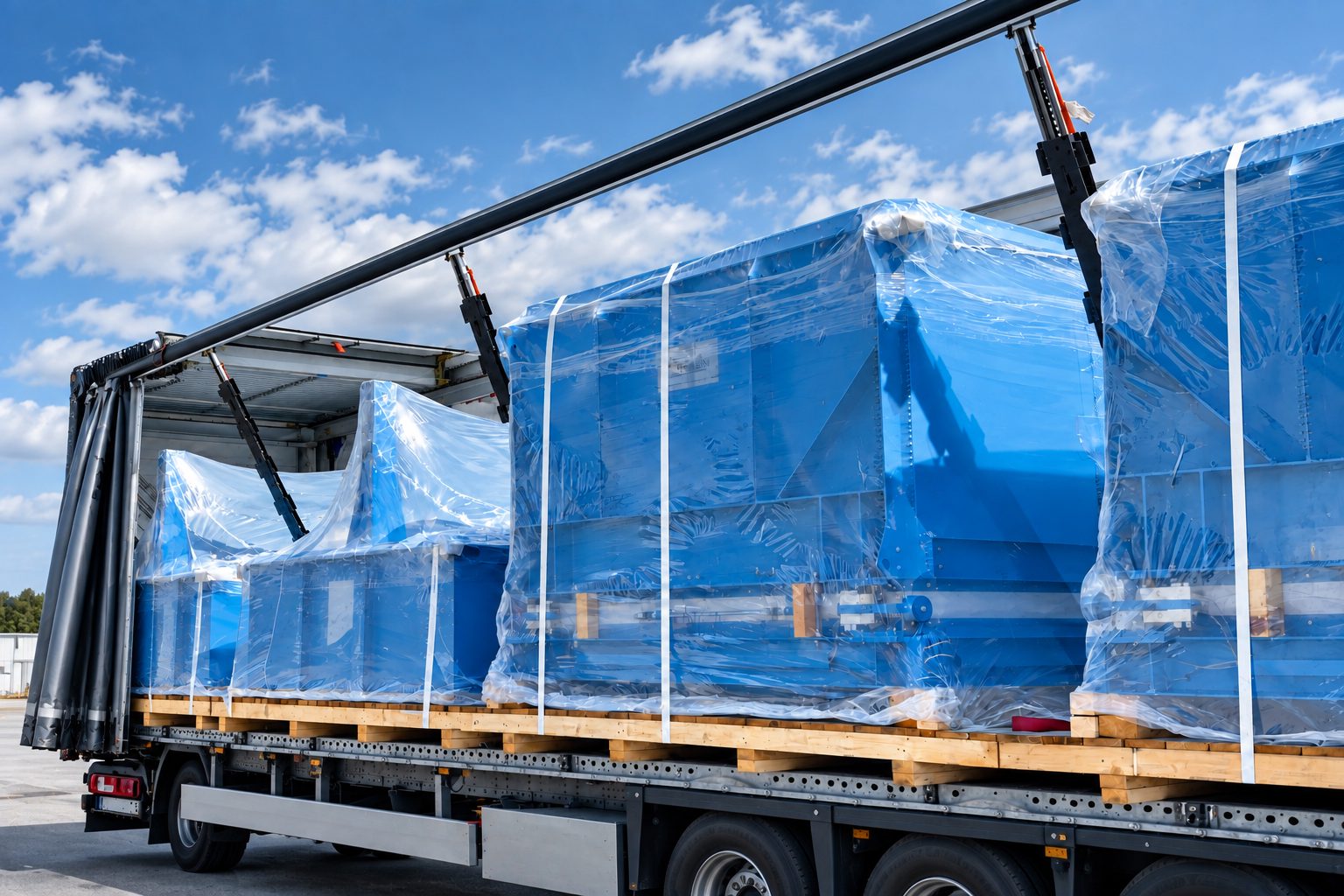 Blue industrial tanks in a Mega trailer