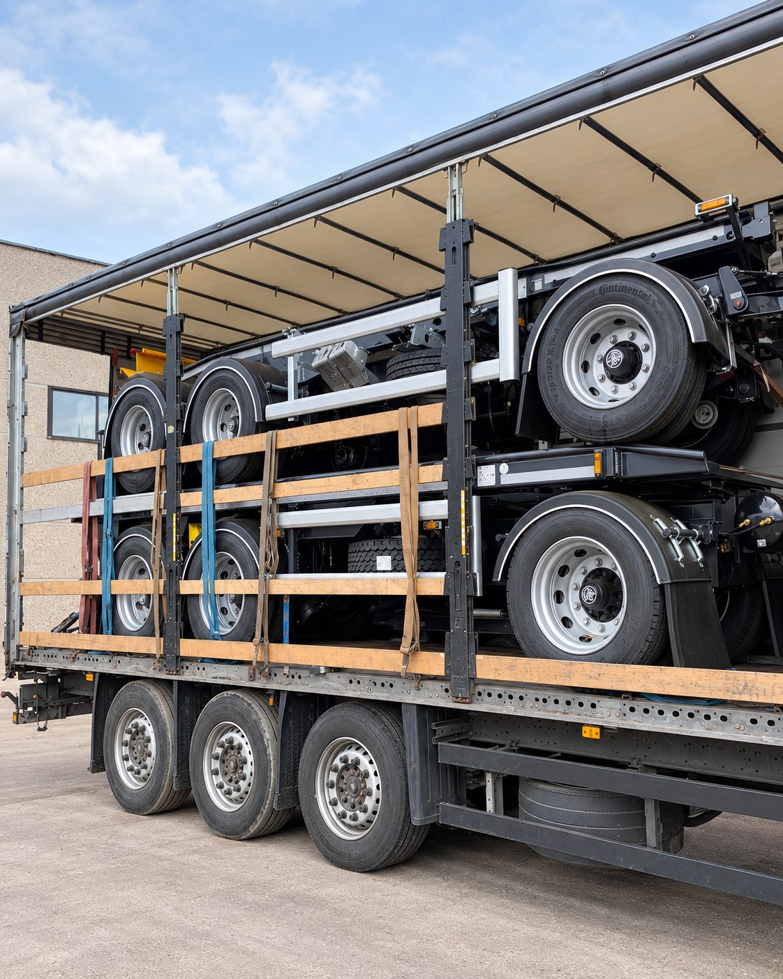 Machinery in a Mega trailer with the roof raised