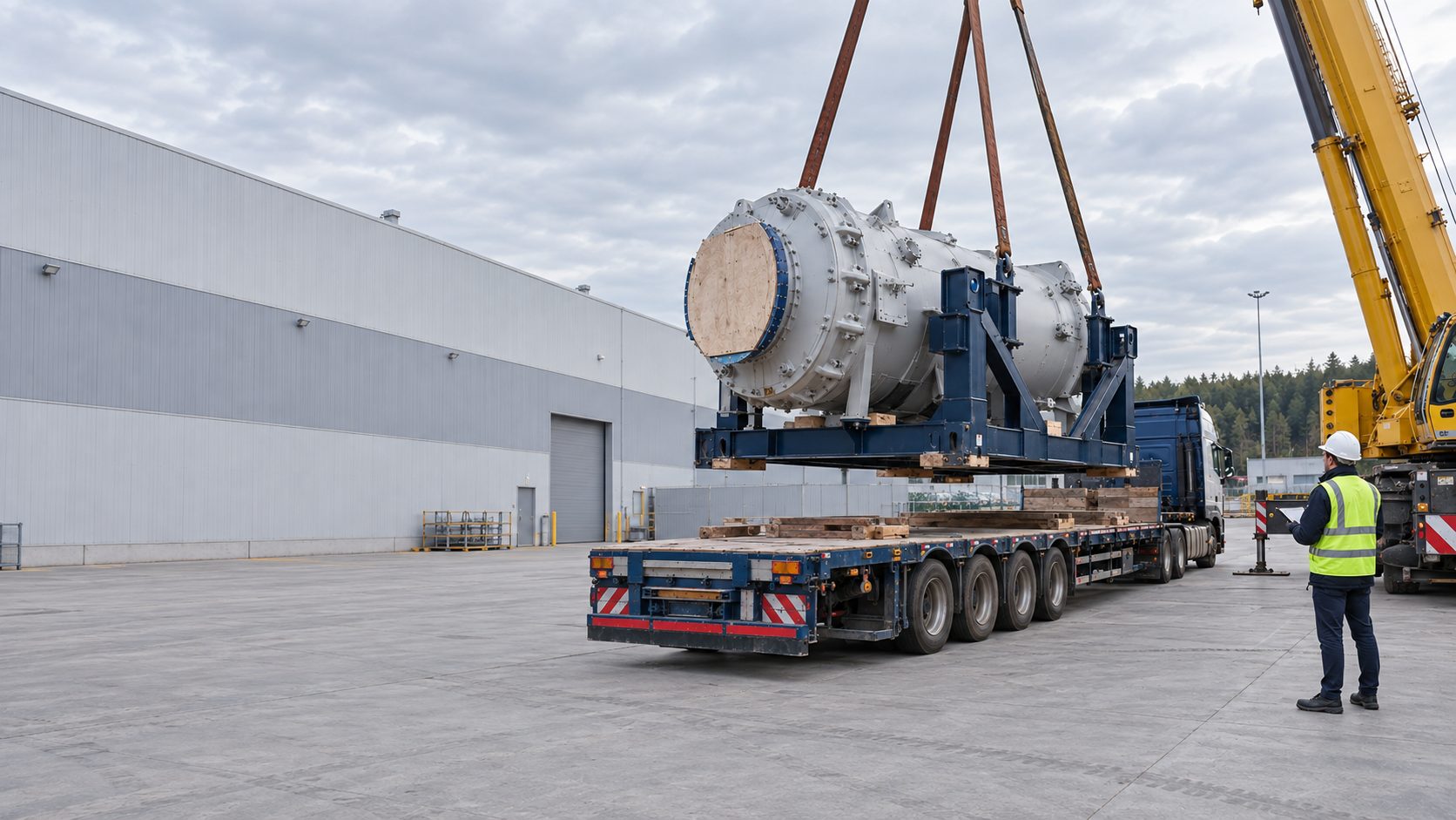 Industrial unit lifted by crane onto a multi-axle platform