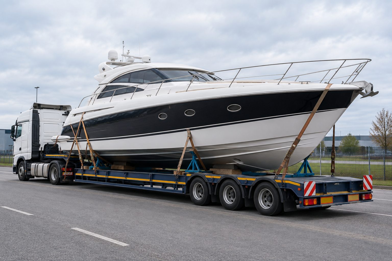 Yacht on a low-loader semi-trailer
