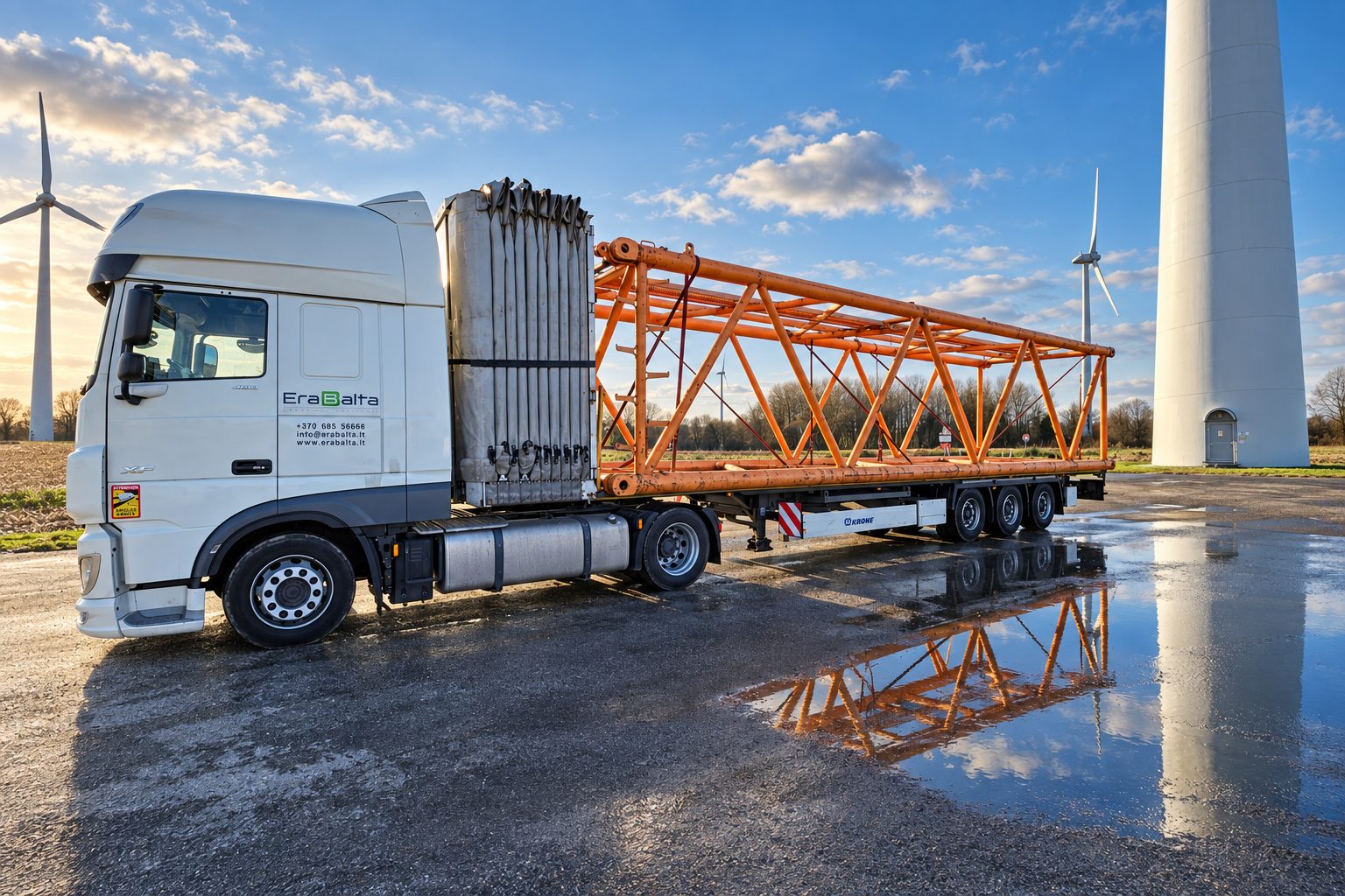 Wind turbine structure on a long flatbed semi-trailer