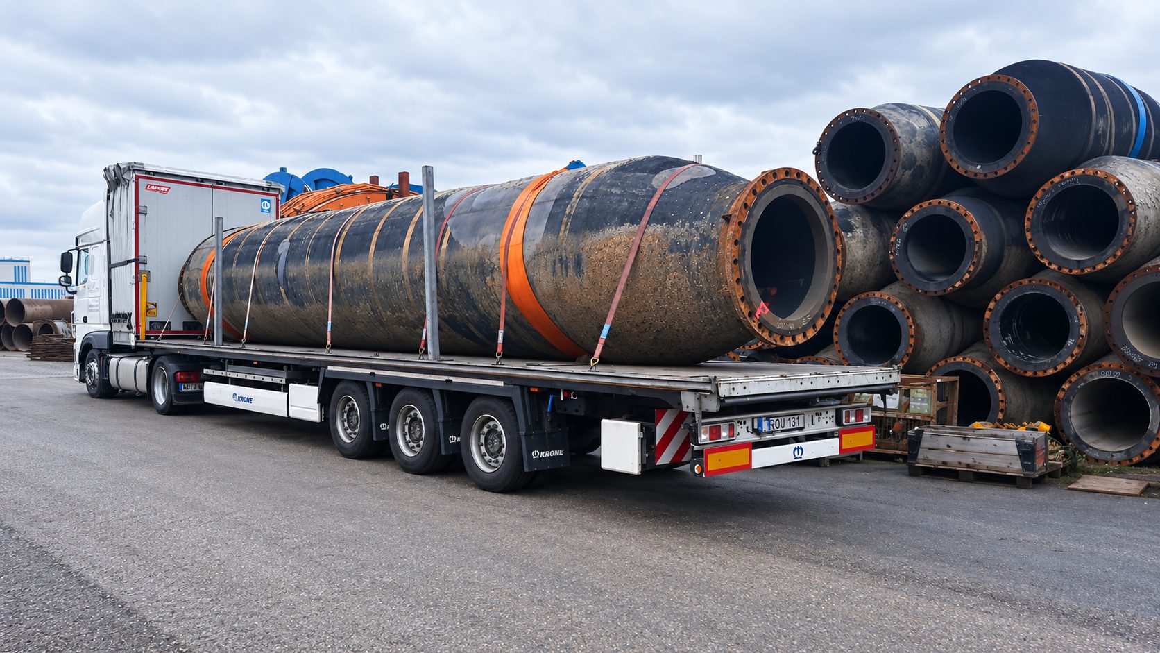 Large-diameter pipes on a flatbed