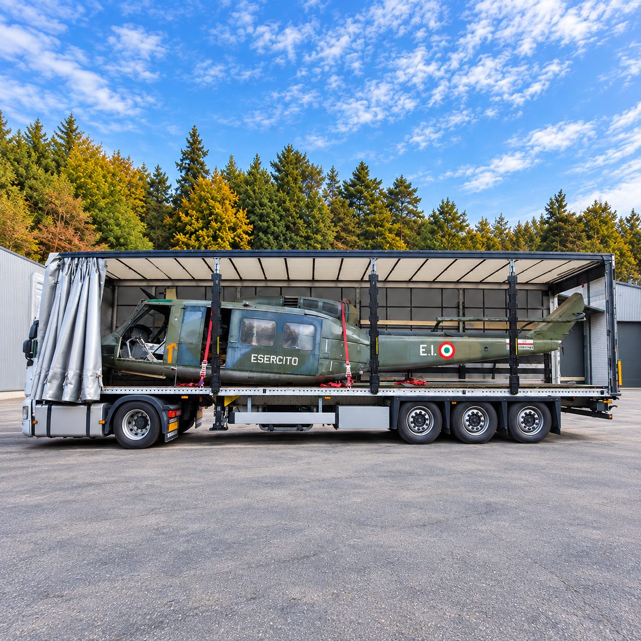 Helicopter secured on a semi-trailer with the curtains open